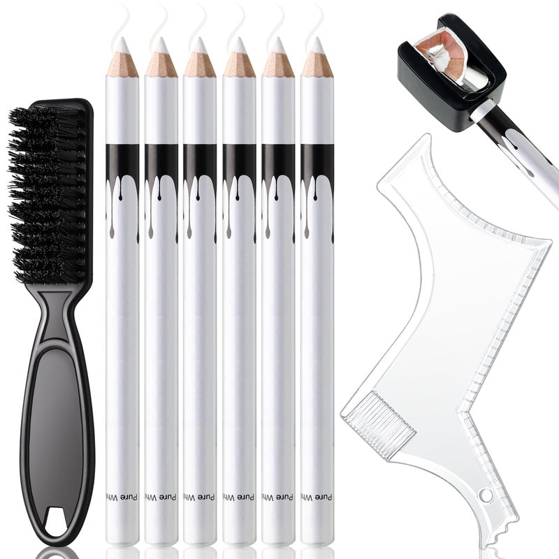 Noerrors White Barber Pencil for Lineup Magic Hairline Beard Guide Shaping Pencils Barber Chalk for Design Hairline Razor Trace Barber Pencils Set with Sharpener Ruler Brush for Men